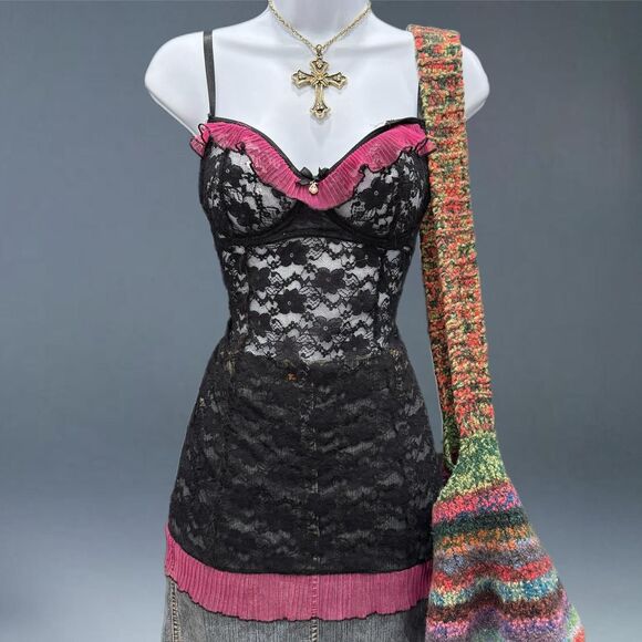 Tops - Y2K Coquette Lace Mesh Top Pink Trim Babydoll Grunge Cami Vibes